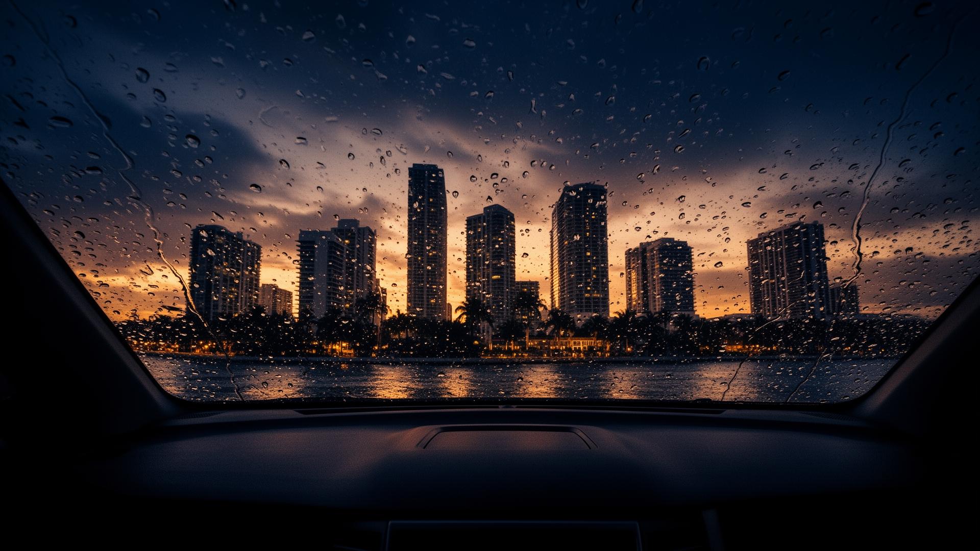 Miami skyline at dusk through a windshield